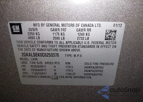 2012 GMC Terrain Sle-2 from USA, damaged, VIN 2GKALSEK8C6250376